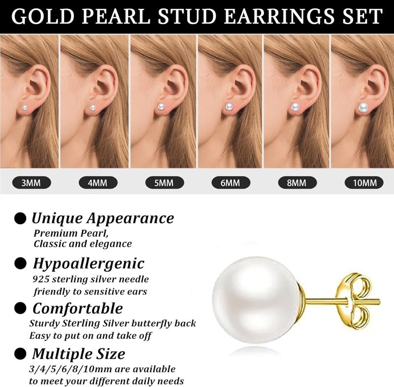 Senteria 925 Sterling Silver Pearl Earrings Studs Set Hypoallergenic Small Stud Earrings Lightweight Shiny Earrings Studs for Women 6 Pairs 3-10MM - Image 4